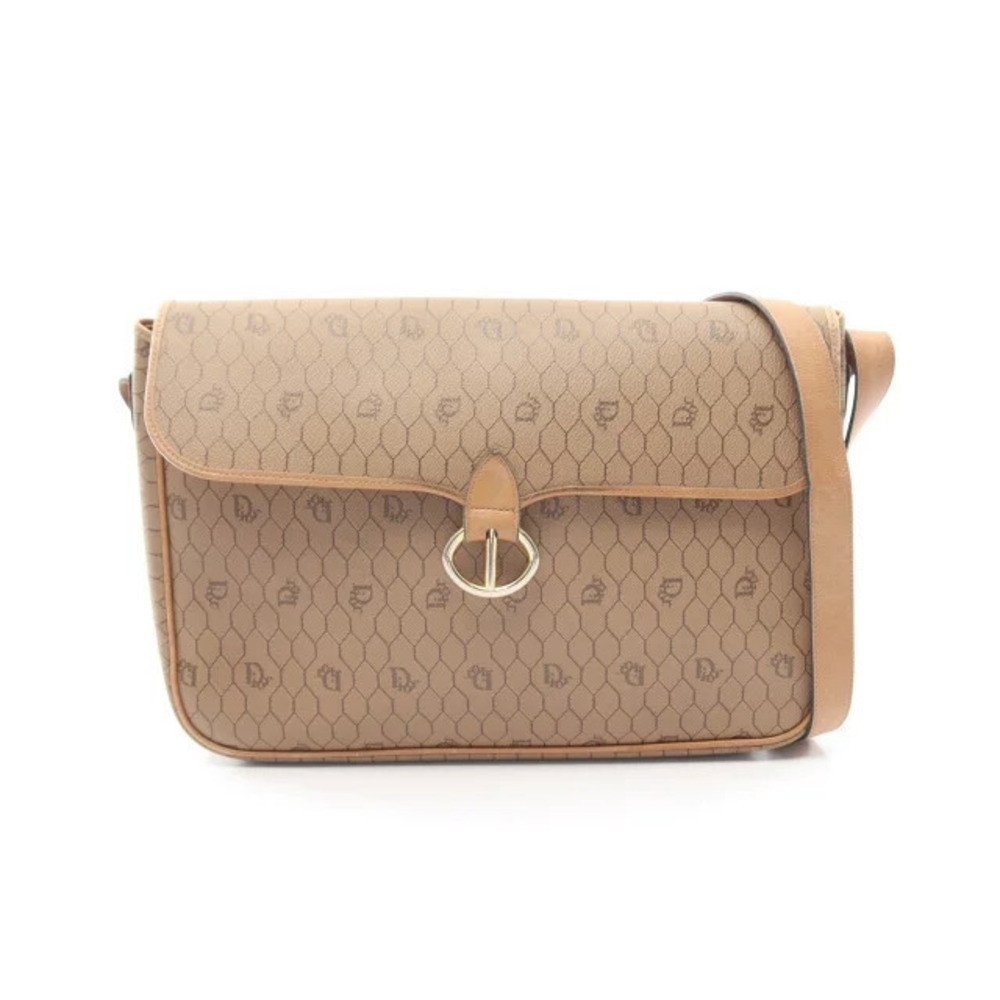 Christian Dior Honeycomb Shoulder Bag Canvas Leather Beige Cream Brown